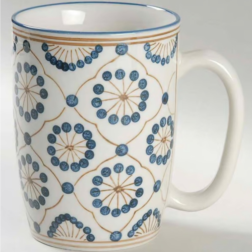 Thomas O’Brien Vintage Modern Mug, hand painted design, 4.75”T